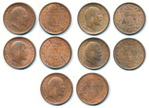 Edward, Copper ¼ Anna, 5 different dates 1904, 1905, 1906, 1907, 1908. About Extremely Fin