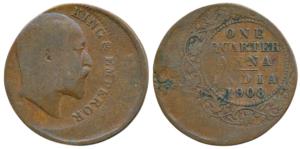 Edward VII, Copper ¼ Anna, 1908, Error, 25% off-center. Very Fine.