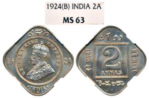 George V, Cupro Nickel 2 Annas, 1924, Bombay Mint (KM 516). Graded by NGC MS63.