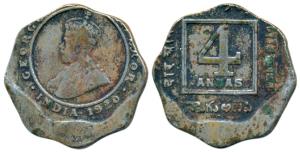 George V, Cupro Nickel 4 Annas, 1920, Error, 20% off-centre. Fine+. A similar specimen sol
