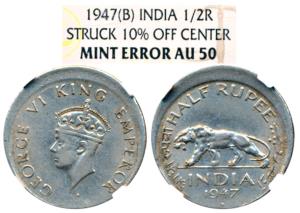 George VI, Cupro-Nickel Rupee, 1947, Error, 10% off-center. Graded by NGC AU50.