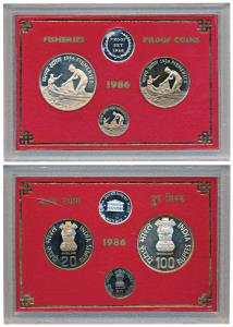 1986 Proof Set, Fisheries, set of 3, 50 Paisa to Rupees 100. In immaculate condition, with