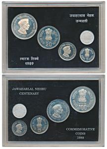 1989 Proof Set, Jawaharlal Nehru Centenary, set of 4, Rupee 1 to 100. In immaculate condit