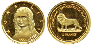 Congo, Gold 10 Francs, .53g, Mona Lisa, 2006. Proof.