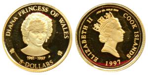 Cook Islands, Elizabeth II, Gold 5 Dollars, 1.24g (1/25 oz), Lady Diana 1961 —1997 (KM 312