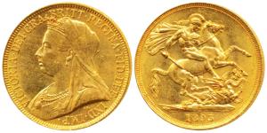 Great Britain, Queen Victoria, Gold 2 Pounds, 16g, 1893, Veiled head, St. George slaying a