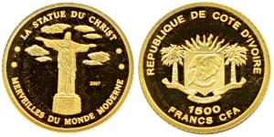Ivory Coast, Gold 1500 Francs, 1g, Statue of Christ Rio de Janeiro. Proof.