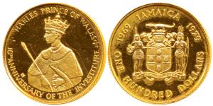 Jamaica, 10th Anniversary - Investiture of Charles Prince of Wales, Gold 100 Dollars, 11.3