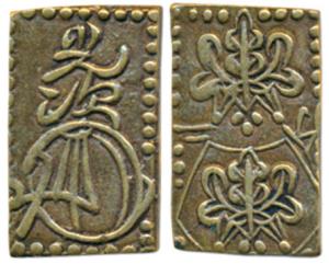 Japan, Iyeoshi, Shogun, Base gold, 2.62g, Legend and floral patterns, Tempo Ichi-bun (1837