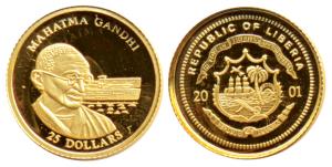 Liberia, Gold $25, .75g, Mahatma Gandhi, 2001. Proof.