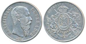 Mexico, Maximilian, Silver 1 Peso, Mexico city, 1867, rev. crowned arms with supporters (K