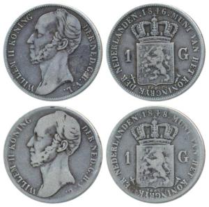Netherlands, Willem II, Silver 1 Gulden, 1846 and 1848 (KM 66). Fine+ and Very Fine+. (2)