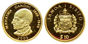 Samoa, Gold 10 Tala, 1.24g, Mahatma Gandhi 1869 —1948, 2003 (KM 140). Proof.
