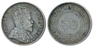 Strait Settlements, Edward VII, Silver 50 Cents, 1902 (KM 23). Very Fine+, Rare.