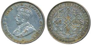 Strait Settlements, George V, Silver Dollar, 1920, rev. artistic design within circle (KM 