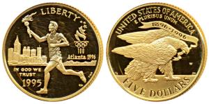 United States of America, Gold $ 5, 8.35g, 1996 Summer Olympics, Torch Runner, Atlanta sky