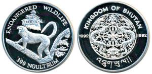 Bhutan, Silver 300 Ngultrums, 31.4g, rev. Golden Langur Monkey, 1992 (KM 75). Proof , Scar