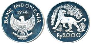 Indonesia, Silver 2000 Rupiah, 28.28g, rev. Javan Tiger, 1974 (KM 39a). Proof, Scarce.