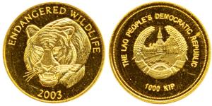 Lao, Gold 1000 Kip, 1.23g, rev. Tiger, 2003 (KM 122). Proof.