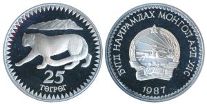 Mongolia, Silver 25 Tugrik (Terper), rev. Snow Leopard, commemorating 25th Anniversary Wor