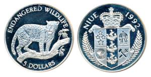 Niue, Silver 5 Dollars, 10g, rev. Jaguar, 1992, (KM 60). Proof, Scarce.