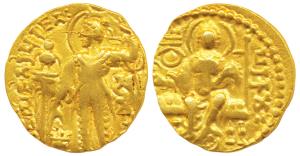 Guptas, Samudragupta, Gold Dinar, 7.76g, ’Standard’ type, obv. king nimbate standing left,