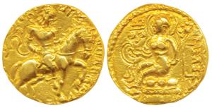 Guptas, Chandragupta II, Gold Dinar, 7.96g, ’Horseman’ type, obv. king riding a horse trot
