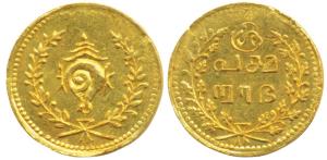 Tulabharam issue (1870-1931 AD), Gold ½ Pagoda, 1.28g, obv. conch shell within wreath, rev
