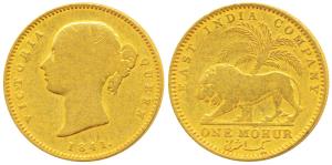 Victoria Queen, Gold Mohur, 11.2g, 1841, Divided legend, WW incused on truncation (KM 462.