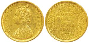 Victoria Queen, Gold Mohur, 1862, two flowers in bottom panel of jabot, V in Jabot (Prid 6