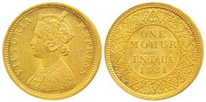 Victoria Empress, Gold Mohur, 1881, V in Jabot (Prid 18). Very Fine+, Rare.