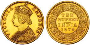 Victoria Empress, Gold Rupees 10, 1879, Calcutta Mint, (Prid 35; SW 6.21). Proof Restrike,