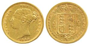 Great Britain, Victoria Queen, Gold ½ Sovereign, 4g, Young head, Shield on rev. 1885. Very