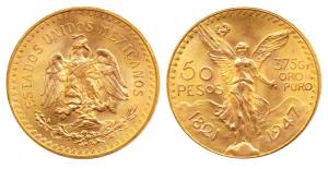 Mexico, Gold 50 Pesos, 41.59g, 1947, obv. Centennial of Independence, rev. winged Victory 