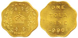 Bombay Mint, Token, Gold 1 Tola, H M Mint, crown within wreath and Bombay below on obv., 1