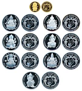 The Ashtalakshmi Series Medallion set, Gold 1/10 oz, 3.11g, Silver ½ oz, 15.55g (6) total 