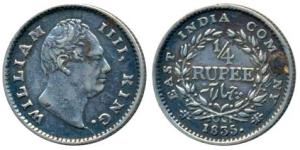 William IV, Silver ¼ Rupee, 1835, Calcutta Mint, Dug out F incuse, Broken wreath with 18 B