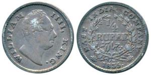 William IV, Silver ¼ Rupee, 1835, Calcutta Mint, F raised, Wreath with 18 Berries (10L+8R)