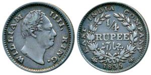 William IV, Silver ¼ Rupee, 1835, Calcutta Mint, Dug out F incuse, Wreath with 19 Berries 