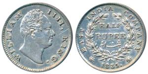 William IV, Silver ½ Rupee, 1835, Calcutta Mint, F raised, 19 Berries, Unbroken horizontal