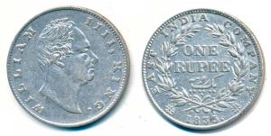 William IV, Silver Rupee, 1835, Calcutta Mint, F incuse, No dot after F, A / II, Bud Leave