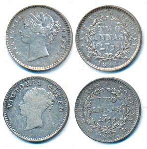 Victoria Queen, Silver 2 Annas (2), 1841, Continuous Legend, Calcutta / Bombay Mint, Engli