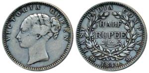 Victoria Queen, Silver ½ Rupee, 1840, Continuous Legend, Bombay Mint, English Head, 19 Ber