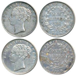 Victoria Queen, Silver Rupee (2), 1840, Continuous Legend, both Bombay Mint, English Head,