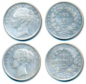 Victoria Queen, Silver Rupee (2), 1840, Continuous Legend, Calcutta Mint, English Head wit