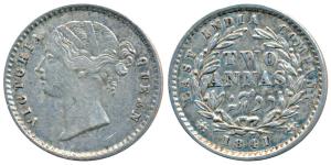 Victoria Queen, Silver 2 Annas, 1841, Divided Legend, Calcutta Mint, WW raised, 9 Berries 