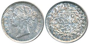 Victoria Queen, Silver 2 Annas, 1841, Divided Legend, Calcutta Mint, WW raised, 9 Berries 