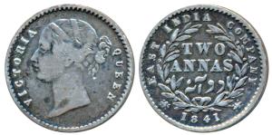 Victoria Queen, Silver 2 Annas, 1841, Divided Legend, Calcutta Mint, WW raised, Wavy (crud