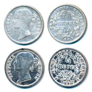 Victoria Queen, Silver ¼ Rupee (2), 1840, Divided Legend, Calcutta / Bombay Mint, WW. rais