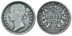 Victoria Queen, Silver ¼ Rupee, 1840, Divided Legend, Calcutta Mint, Mule, WW. raised, wre